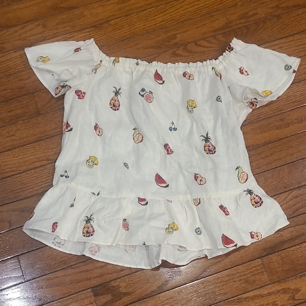 Zara Linen Fruit Print Off-Shoulder Top